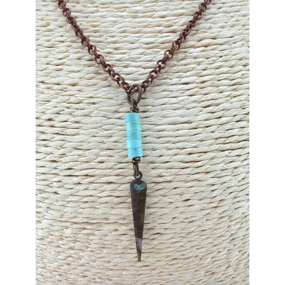 Handcrafted Artisan Made Bohemian Turquoise Spike Dagger Pendant Necklace